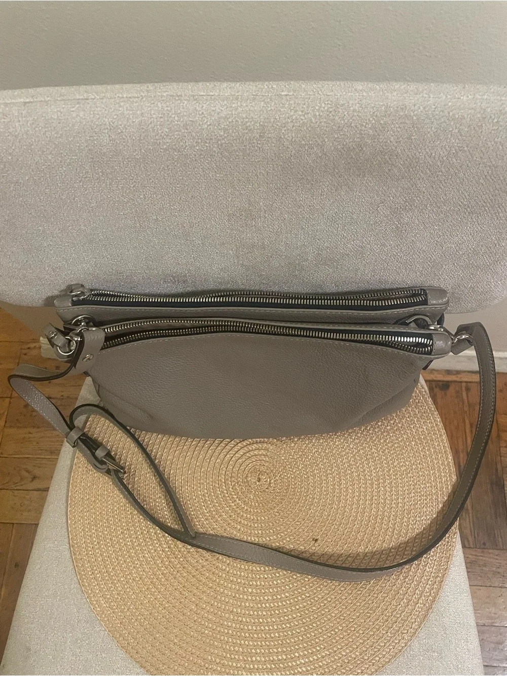 Pebbled Light Gray Zip-Top Crossbody Bag